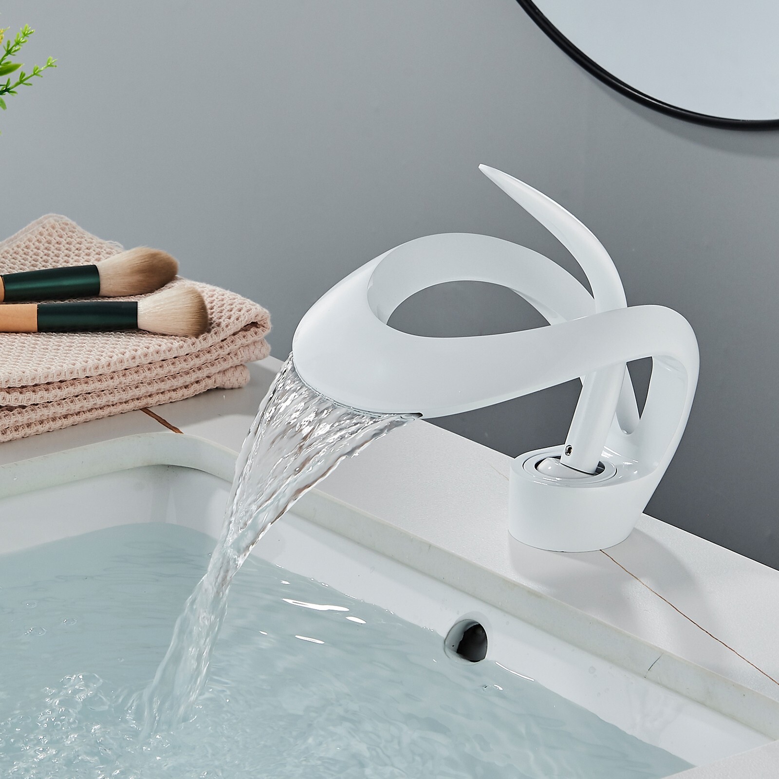White Bathroom Sink Faucet Waterfall Vanity Basin Mixer Faucet Single ...