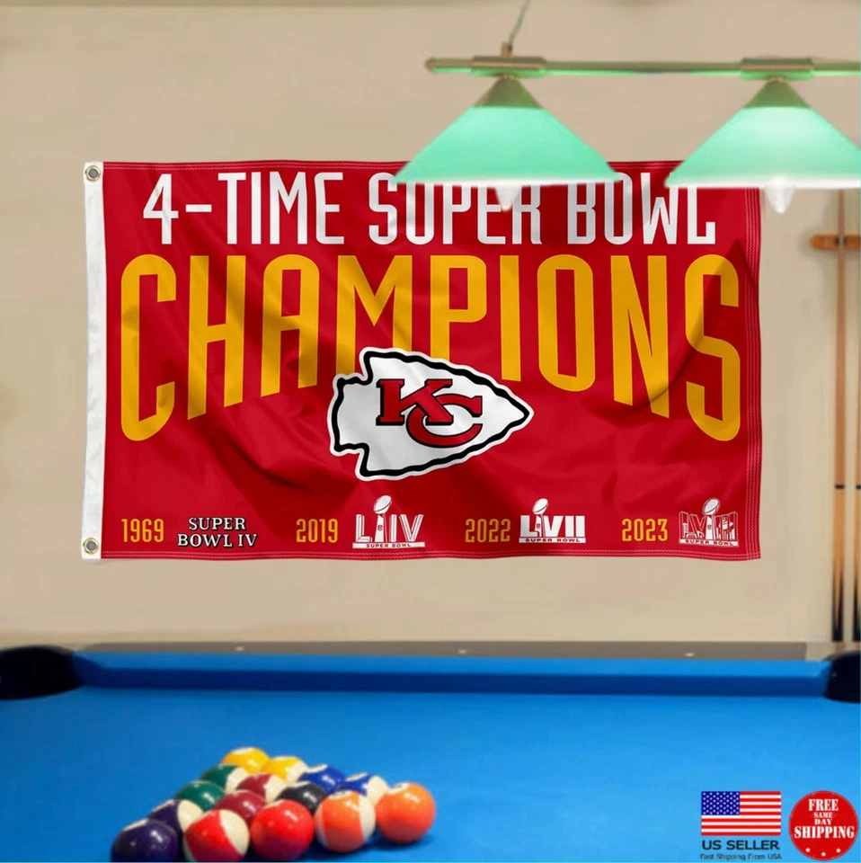 Kansas City Chiefs 4 Time Super Champions 3x5 Banner Flag Man Cave Flags 4x KC - Image 3 of 4