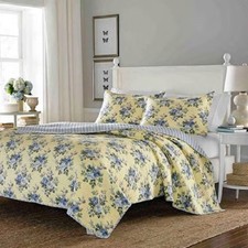 Quilt Set King Cotton Yellow Base Blue Flower Reversible Pillow Sham Bedding