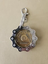 AA Medallion Coin Holder Keychain Chrome Bike Chain Alcoholics Anonymous New 