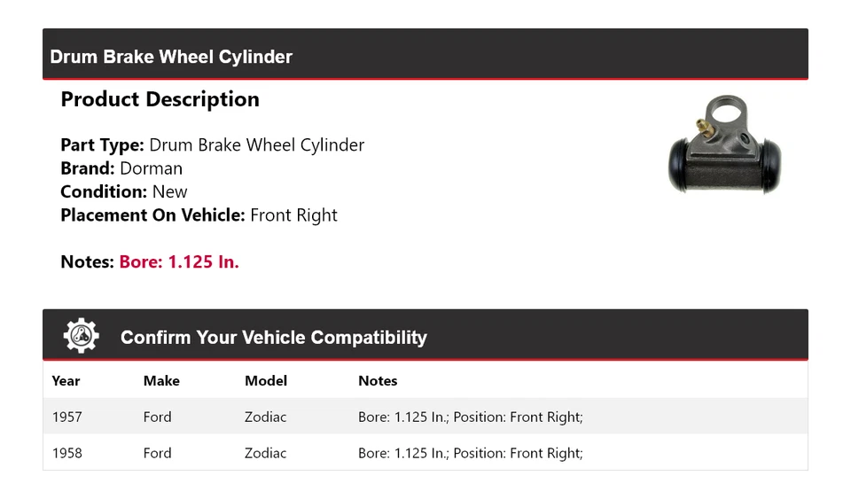 Cilindro de rueda de freno de tambor delantero derecho para Ford Zodiac Dorman 1957-1958 Foto 2 de 4