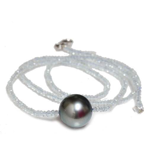 Pendentif En Argent 925 Avec Perle Noire De Tahiti, Aigue-marine Et Pierre De Lune - Neuf Avec étiquettes