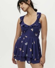 Urban Outfitters Blue Butterfly Babydoll Ruffle Lace Up Back Mini Dress Romper S
