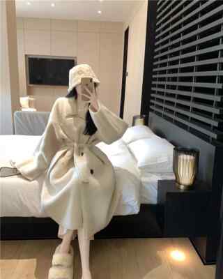 Damen Mantel Jacke lang beige Gürtel Bademantel warm elegant Teddy 42878