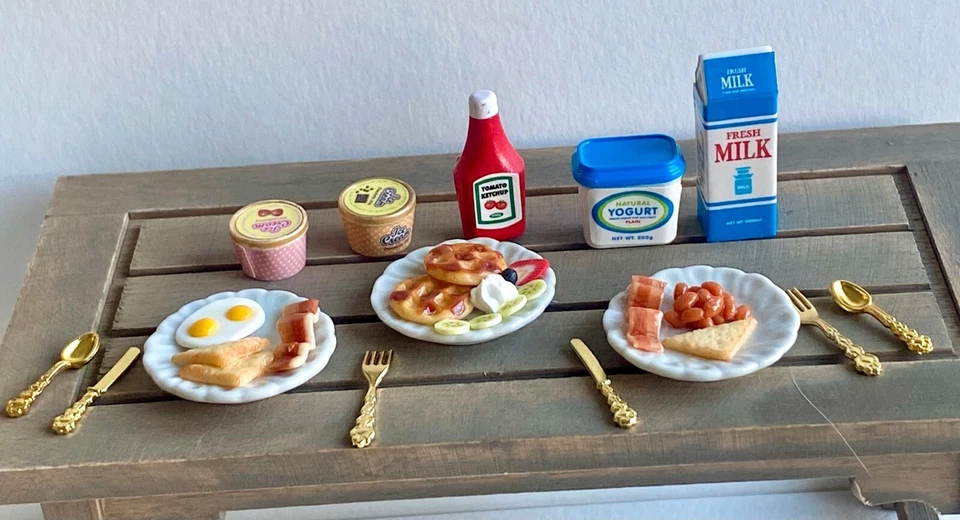lot 14 pcs set miniatures 1:12 breakfast set handmade waffles egg bacon milk jam - Image 3 of 4