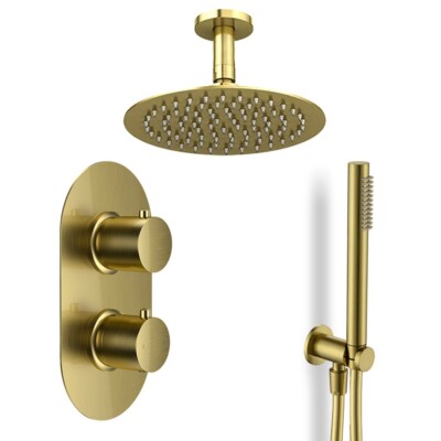 Gebürstetes Messing Rund Dual Unterputz Thermostat Dusche Mischventil Kit 2 Ausgänge