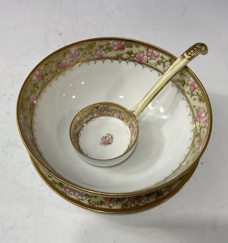 Superb Nippon Thinnest Eggshell Porcelain Bowl Saucer Ladle Japan Hand Paint