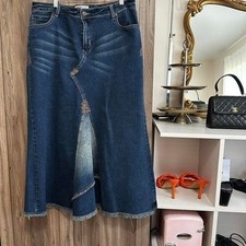 Vintage Prairie Boho Festival Western Y2K Frayed Denim Maxi Skirt Women 16 Blue