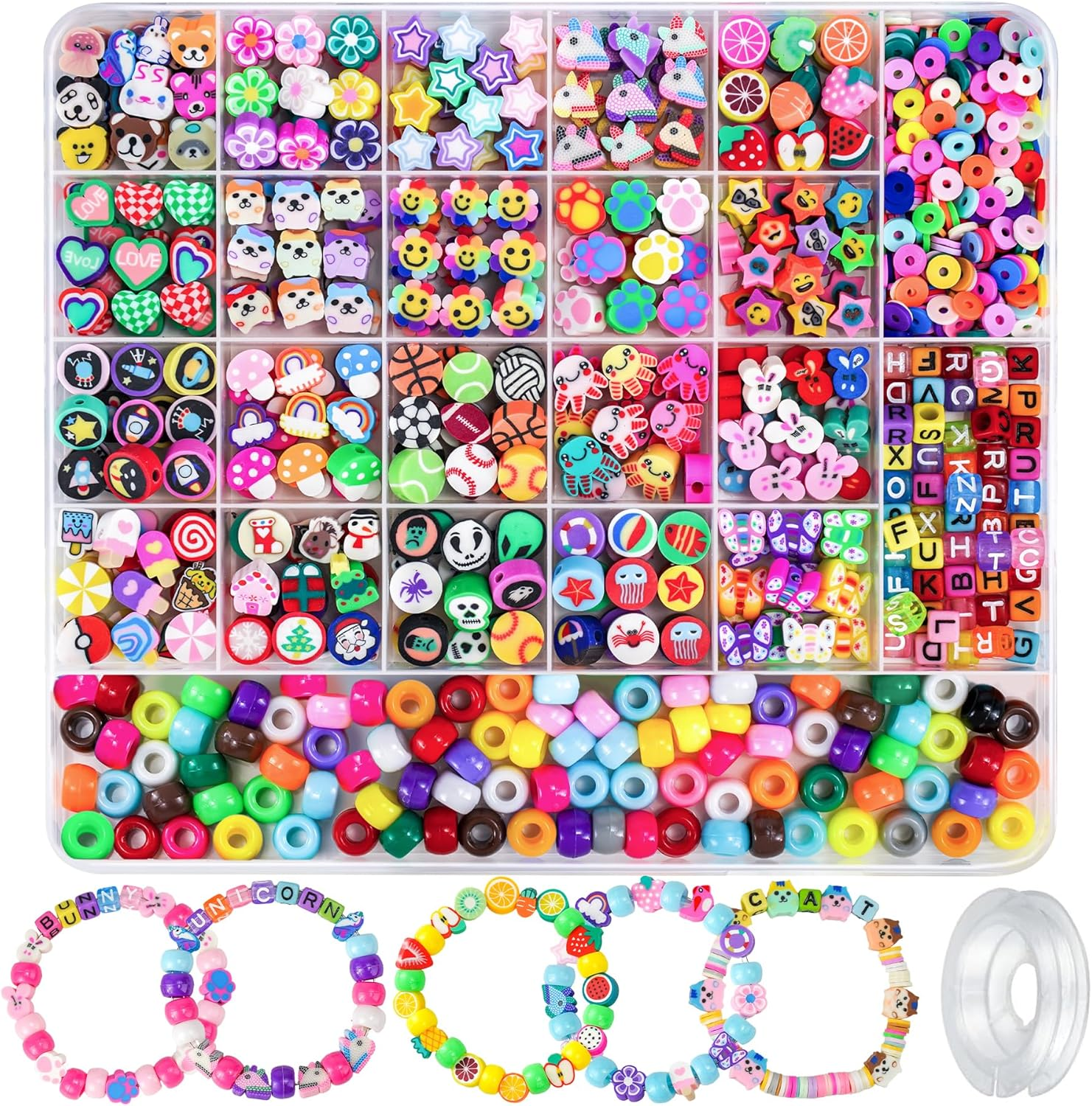 1200 Pcs Polymer Clay Bead Kit for Bracelets - 25 Animal Fruit Flower Designs