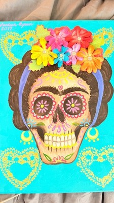 Original Frida Kahlo Inspired Sugar Skull Mixed Media Canvas