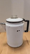 Vintage White Enamel Coffee Pot Percolator Glass Knob Black Handle Rustic