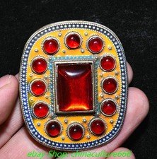 2.4" Old China Dynasty Silver Cloisonne Inlay Red Gems Belt Buckle Statue