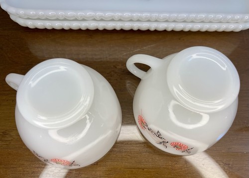 Vintage Anchor Hocking Snack Set Pink FLEURETTE Fire King Tray &Tea Cup Set Of 2 - Picture 19 of 24