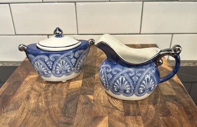 Vintage Bombay Co Arabesque Tile Blue White Porcelain Sugar and Creamer Set EUC