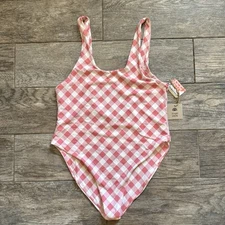 NWT $100 Toast Swim x FP Movement Gingham High Cut One Piece Swimsuit Sz XL Pink
