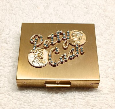Vintage Gold Tone Petty Cash Box with Blue Rinestones Compact