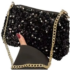Sequin Black Pouch Clutch Evening Bag Formal Chain Shoulder Party Shiny Purse