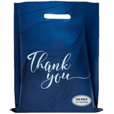 100 Thank You Plastic Bags with Handles 12"W x 15"H Thick Reusable Bulk Shopp...