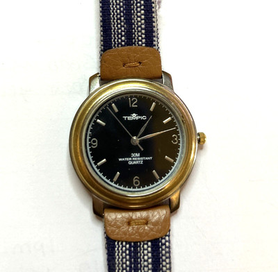 Tempic Men s 9.5  Dualtone Watch Black Dial Striped Band New Battery