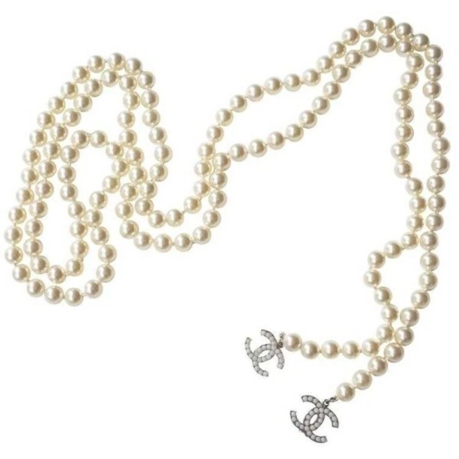 NEW Chanel CC Pearl Silver Lariat Chain Wrap Around Necklace Belt Long RARE