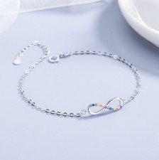 Sterling Silver 925 Colorful Cubic Zirconia Infinity Charm 8" Bracelet Gift I51