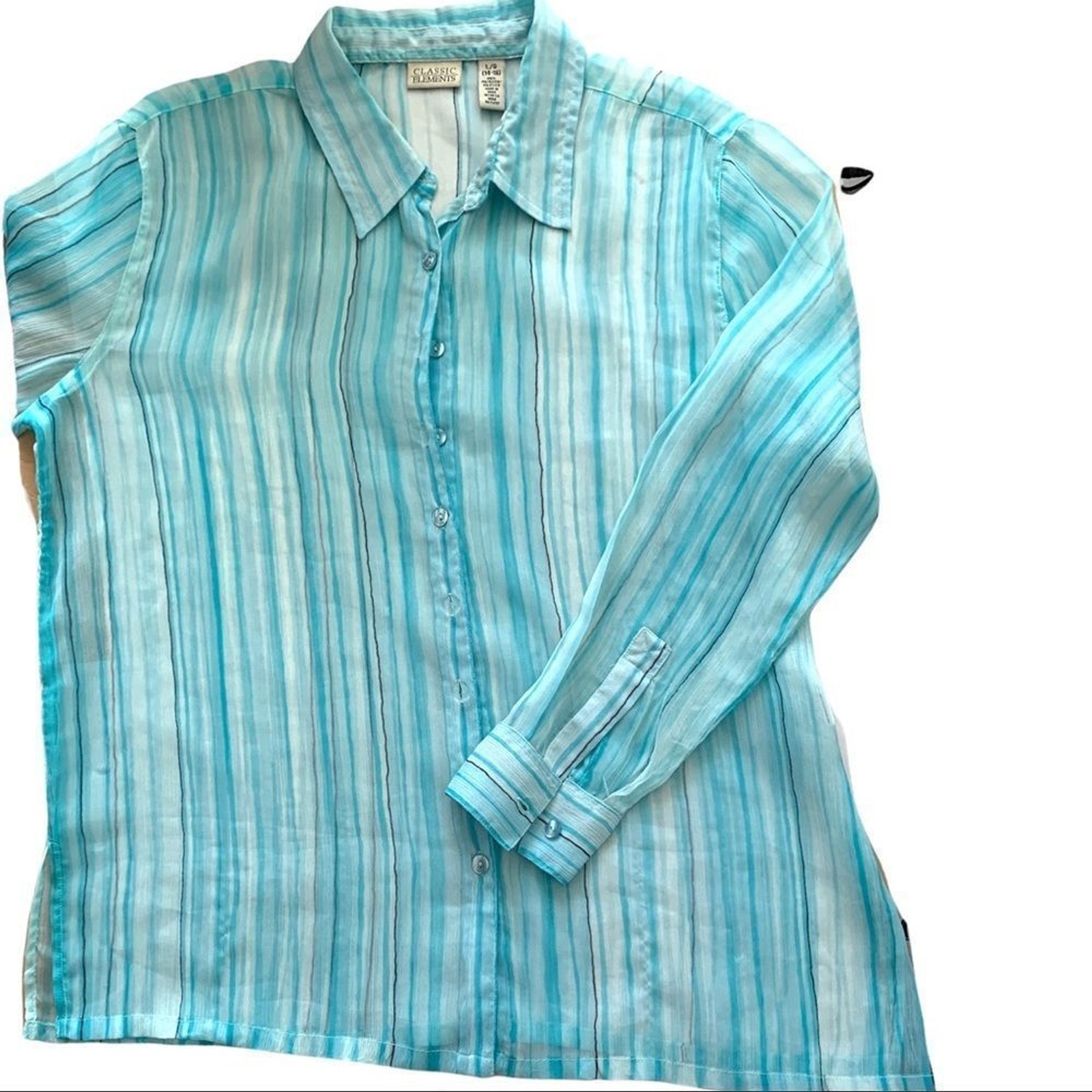 Classic Elements Striped Blue Button Up Top L (A-… - image 1