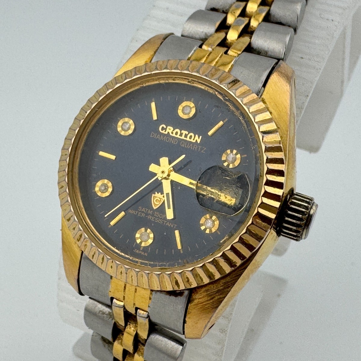 VTG Croton Quartz Watch Women Gold Tone Fluted Bezel Diamonds New