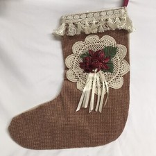 Country Christmas Stocking Floral Flowers Doily Lace Maroon Beige Poinsettia