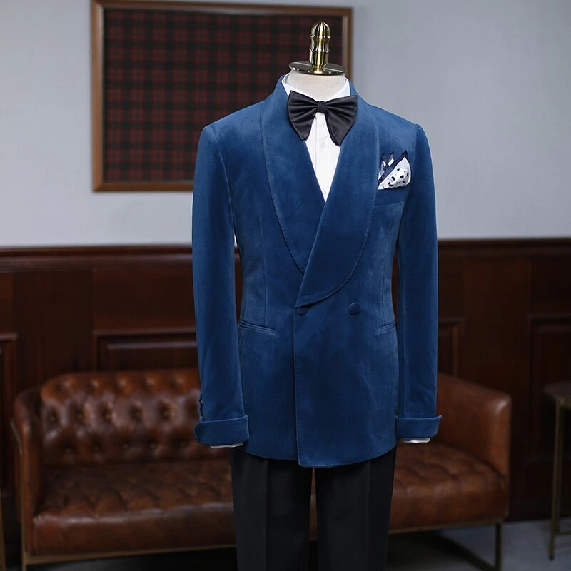 Hombres Trajes Azul Esmoquin Terciopelo Chal Cuello Chaqueta Doble Pecho Dos Botones Abrigo Foto 2 de 4