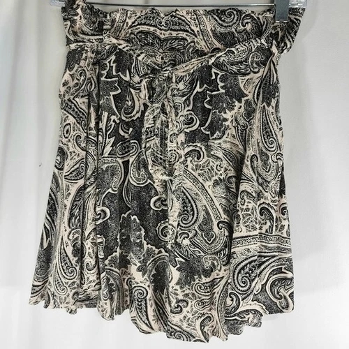 H&M Black & White Paisley Pattern Paper Bag Waist Skirt w/ Tie Belt Size 8