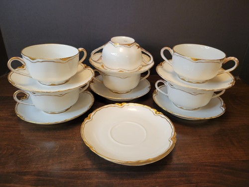 Antike Haviland Limoges Ranson 6 Brühe Tassen & 8 Untertassen weiß mit goldenem Borte - Bild 16 von 16