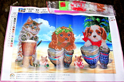 Cat & Dogs On Bongo Drums 3D Round Diamond Cross Stitch Painting Kit - NIP (#36)