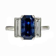 Art Deco Emerald Cut Blue Sapphire  White CZ 4CT Womens 3 Stone Engagement Ring
