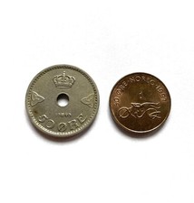 Norway 1940 Holed Half Dollar King Haakon Vll. Crown. WWII & 1997 50 Ore Coins