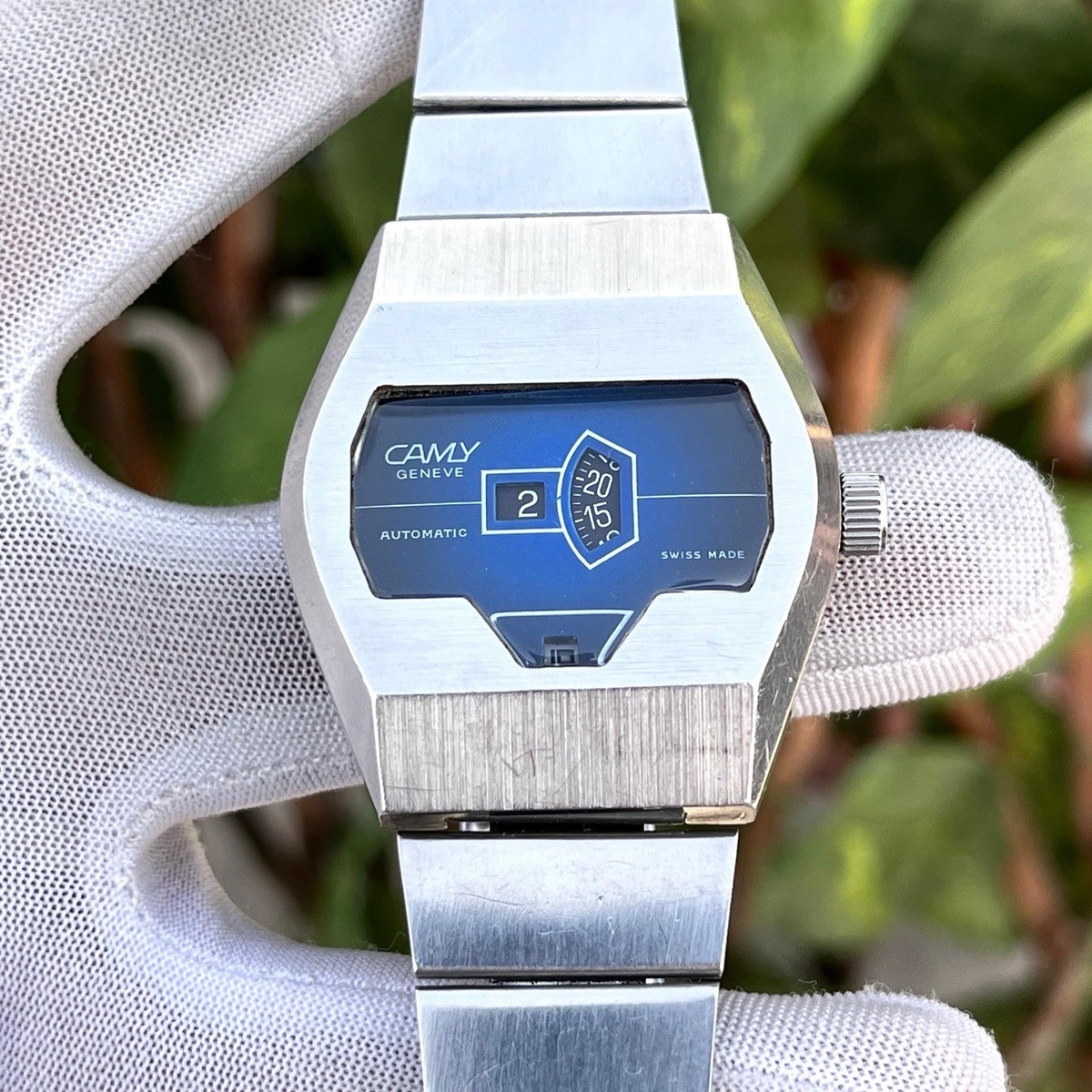 Vintage Camy Automatic Digital Jump Hour Blue Sunburst Dial Swiss