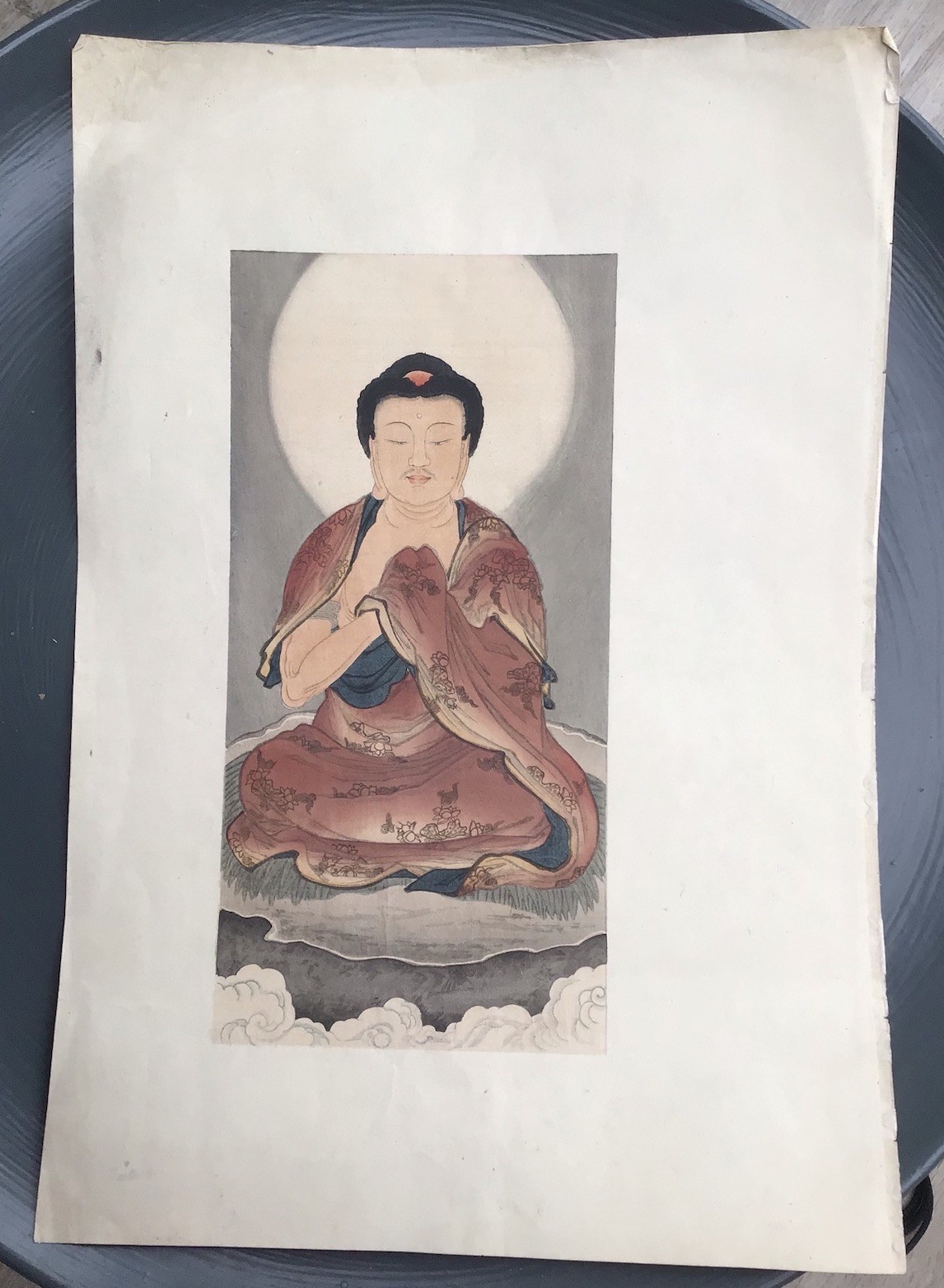 Shakyamuni ANTIQUE  Wu Tao Tsu hand coloured Woodblock Print hidden MUDRA C19th