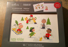 New 16 Hallmark Peanuts Gang Glitter Christmas Cards Set Peek Envelope Circle