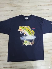 Mens NWOT Bass Fishing Graphic Print Shirt Size Large Blue Outdoors Jerzees