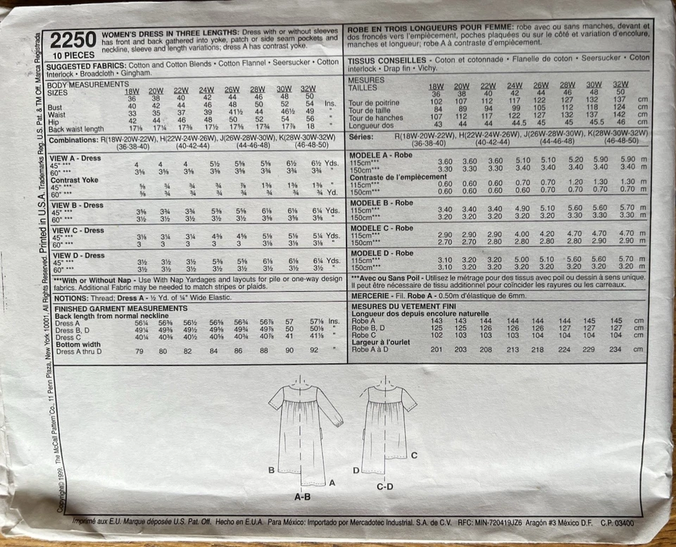 McCalls 2250 MuuMuu Caftan Dresses sewing pattern Plus Size 26W 28W 30W 44 46 48 - Image 2 of 2