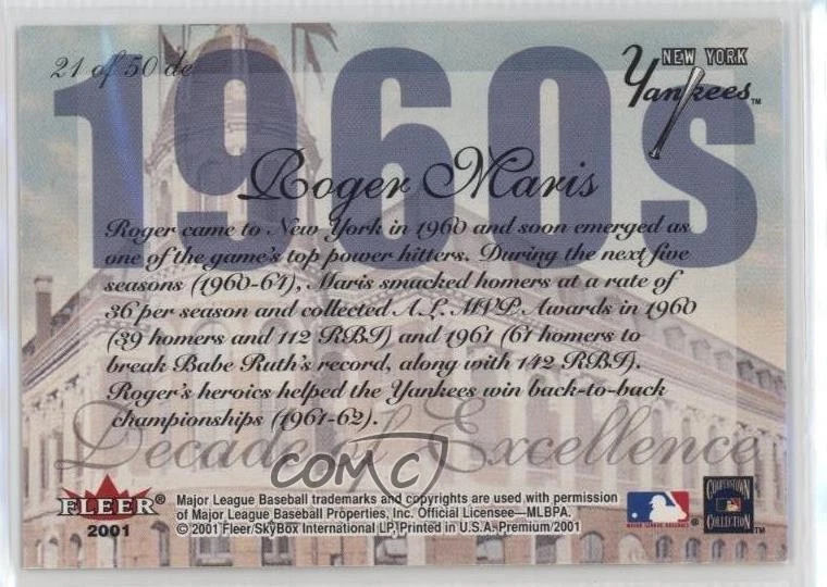 2001 Fleer Premium Decade of Excellence Roger Maris #21de - Image 2 of 2