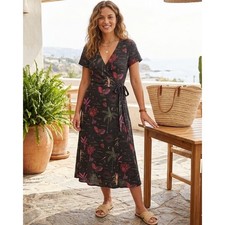 Marine Layer Wrap Dress Womens Medium Black Tropical Hemp Tencel Midi Summer Tie