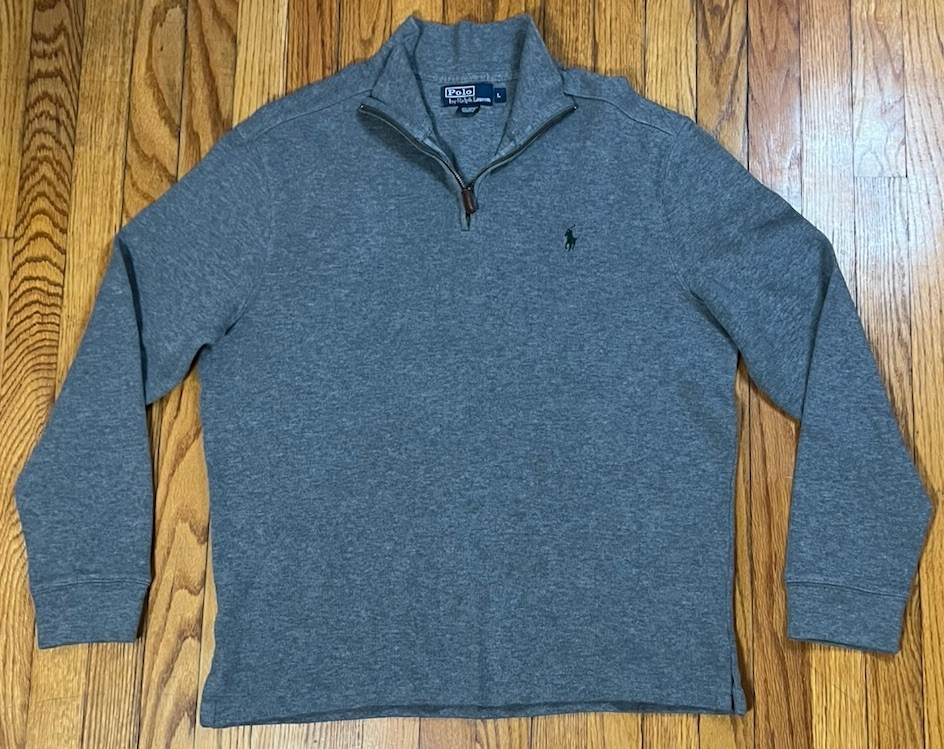 Maglione pullover vintage Polo Ralph Lauren grigio 1 4 zip verde pony uomo grande