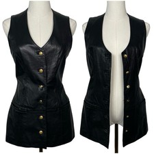Vintage LNR Leather Vest Women 4 Black Gold Crest Buttons Made In USA Biker Goth