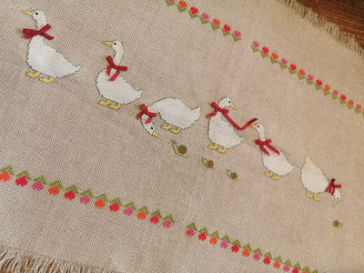 Vintage French Duck and Snail Parade Red Ribbon Hand Embroidered Cross Stitch