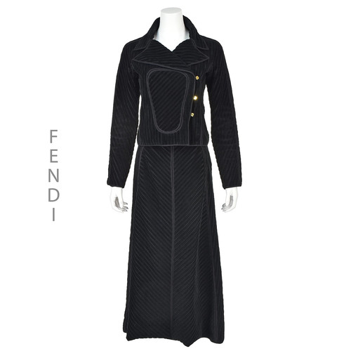 Fendi, FENDI Karl Lagerfeld 1970s Black Wide-Wale Corduroy Cropped Jacket and Skirt Set