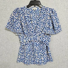 Max Studio Blouse Size S Womens Blue Floral Short Sleeve V Neck Casual Top