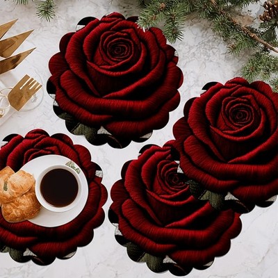 4 Pcs Red Rose Coaster Fabric Cup Placemats Festive Dining Mats Table Decoration