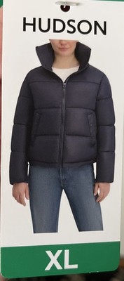 Hudson Women's Short Puffer Jacket NAVY Size XL Stand-Up Collar Snap Pockets NWT