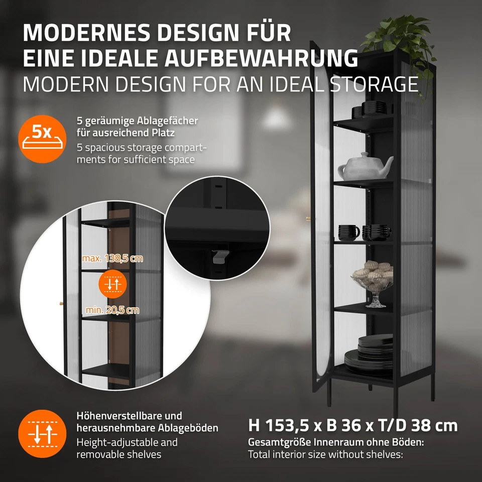 Vitrina negra 42x175x40 cm con 5 estantes y 1 puerta, mueble metálico archivador - Imagen 3 de 4
