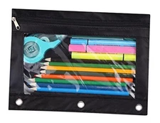 3-Ring Pen Pencil Pouch with Clear Window Stationery Bag Binder Case Black